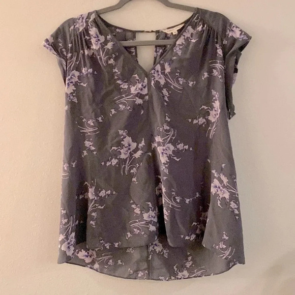 Rebecca Taylor silk blouse sz 10 grey with floral print EUC pretty cut out back - Picture 1 of 6